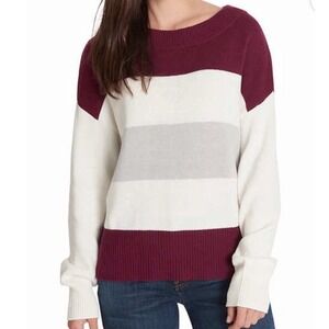 Lucky Brand Striped Knit Sweater Womens Size L Color Block Pullover Maroon Cream